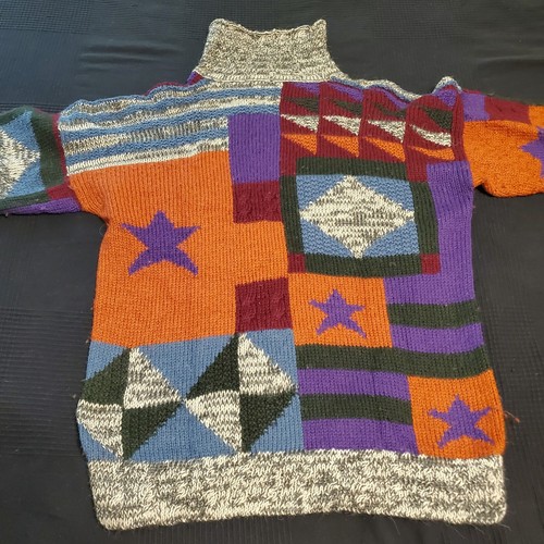 Handmade Retro Knit Alpaca Wool Pima Art Sweater geometric stars turtleneck SZ L - Picture 2 of 8