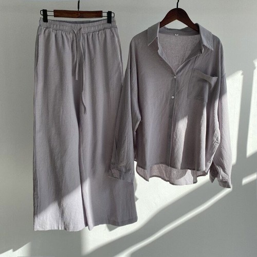 Hose Hemd 2 teiliges Set Damen Sommer Leinen Langarm Hemd Anzug Damenanzug - Bild 10 von 39