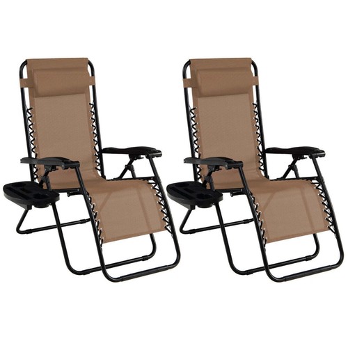 NNECW Patio Zero Gravity Lounge Chair with Cup Holder & Removable Pillow-Brow - Picture 8 of 11