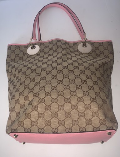Gucci Monogram GG Eclipse Tote Bucket Bag Pink Leather Trim Shoulder Strap - Picture 10 of 12