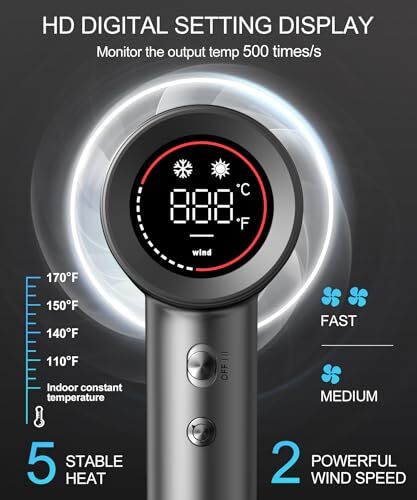 Hair Dryer - Negative Ionic Blow Dryer with 170000 RPM High Speed Dark Gray - Picture 6 of 7