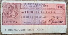 Paper Money Cheque of Italian Bank SAN PAOLA DI TORINO  100 . Lire