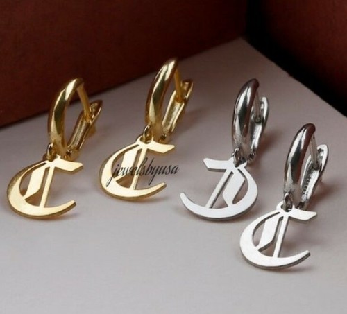 Solid 925 Silver Customized Any A to Z Initial Old English Letter Huggie Earring - Picture 2 of 5