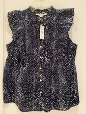 NWT Loft S/L stars ruffles blouse in navy & white XS