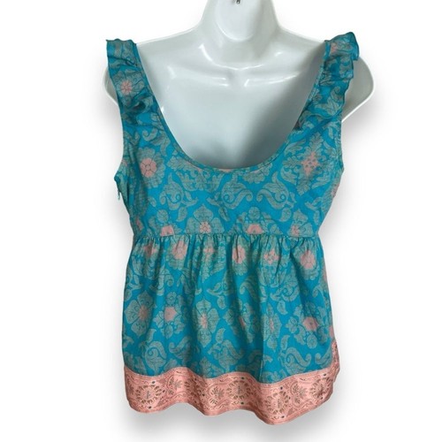 Anthropologie Edme & Esyllte Tank Top Turquoise Salmon Floral Sz 4 Empire Waist - Picture 2 of 13