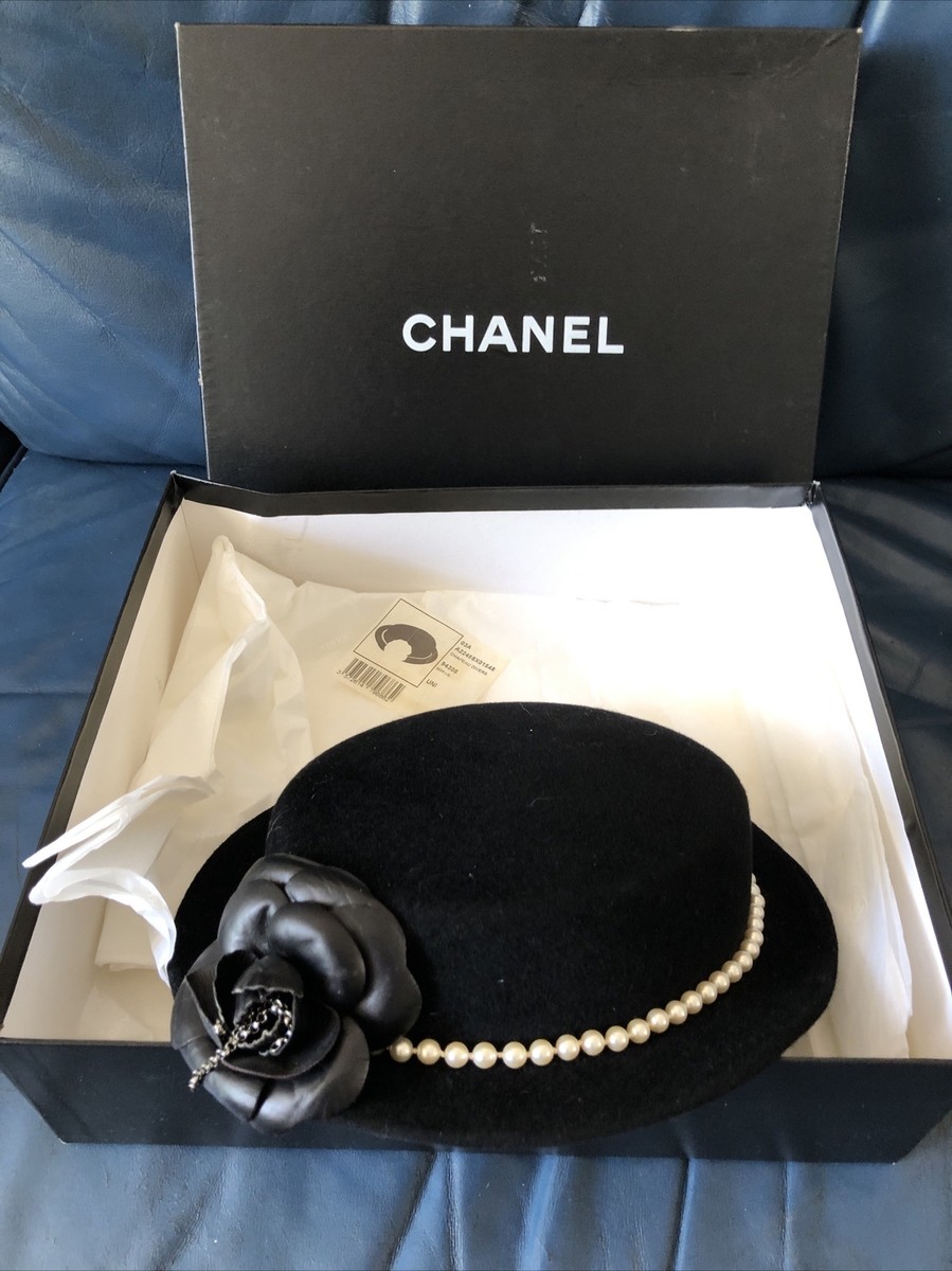 Chanel Wool Felt Hat with Pearl Trim And Leather Camellia Attached