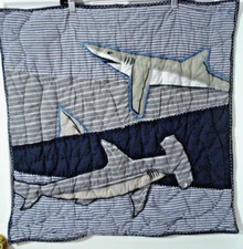 Pottery Barn Kids 26" x 26" Gray Navy Blue Quilted Euro Sham Appliqued Sharks