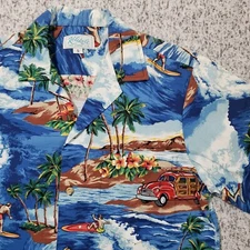 Vintage KoleKole Shirt Mens S Hawaiian Woody Surfing Blue Short Sleeve Cotton