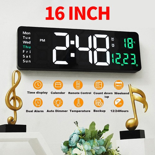 16" Large LED Digital Wall Clock Temperature Date Day Display Remote