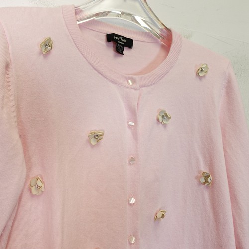 Lord and Taylor Sweater 0X Cardigan Pink Cotton Knit Floral Rhinestone Fairy - Picture 5 of 11