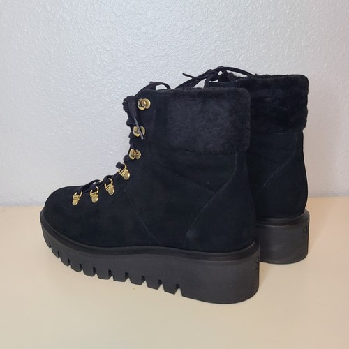 Stuart Weitzman combat boots Chalet lug Black Suede faux fur lace up Sz.8 new - Picture 6 of 12