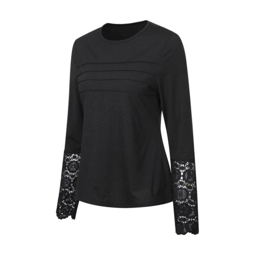 Lace Womens Knit Crew Neck Long Sleeve Slim Tops Casual T-Shirt Blouse Pullover - Picture 12 of 18