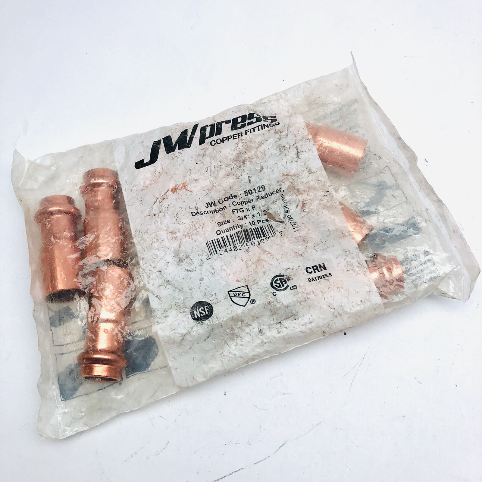 QTY OF 10 JW PRESS COPPER REDUCER 3/4" X 1/2" FTGX P 