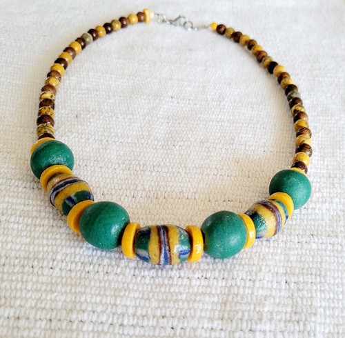 24in Tribal Necklace Bicone Beads,Jasper, Double Wire,Stainless Clasp,Wood Beads - Picture 6 of 21