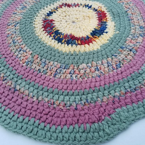 Hand Crocheted Rag Rug 24" Round Green Pink Knitted Accent Rug Hand Made - Picture 3 of 15