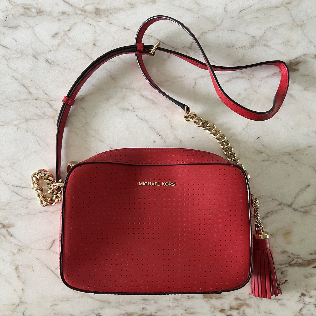 MICHAEL KORS Ginny Bright Red Leather Medium Crossbody Camera Bag eBay