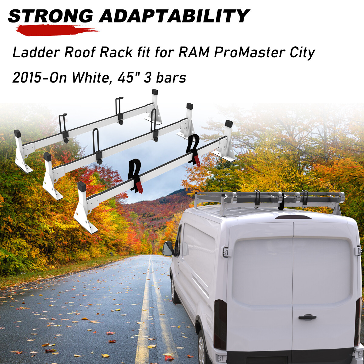 3 Bar Van Roof Ladder Rack 750lbs Load For RAM ProMaster City 2015+ White Steel