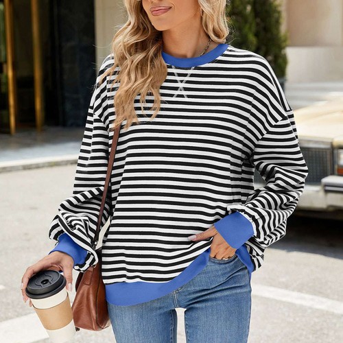 Women's Oversized Sweatshirt Casual Crewneck Long Sleeve Striped Pullover Tops - Picture 7 of 16