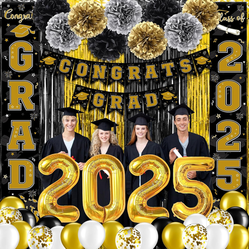 Graduation Decorations Class of 2025, Black Gold Graduation Party Decorations, C - Picture 11 of 12