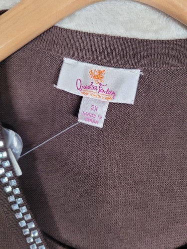 Quacker Factory Top Blouse Womens Plus 2X Brown Rhinestone Cardigan With Tank - Picture 3 of 16