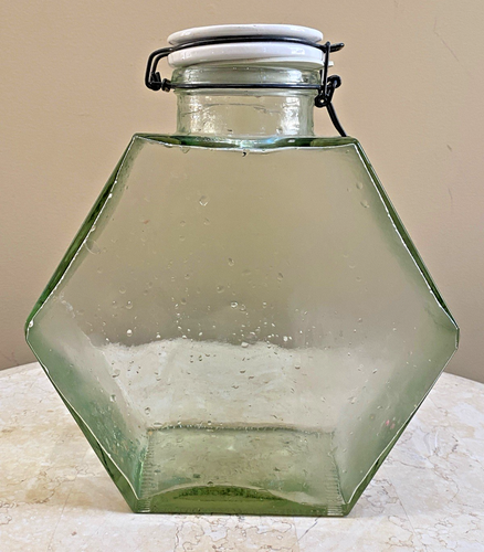 Hexagon Green Glass Canister Jar Wire Bail Lid Italy Vintage Per Alimenti