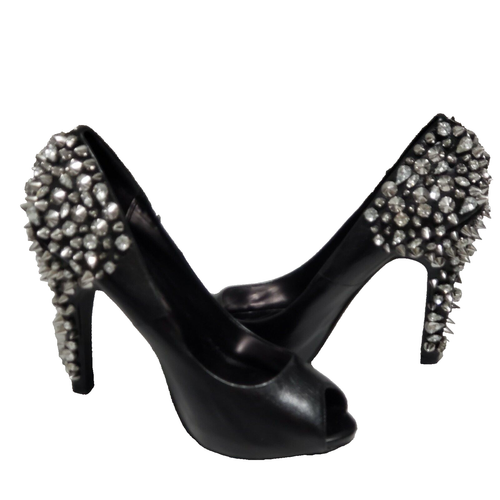 Michael Lorimer High Heels Silver Studs Spikes Black PEEP TOE Shoes 9M - 第 3/12 張圖片