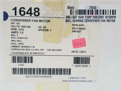 Emerson/US Motor 1648 Condenser Fan Motor K1648 1/5HP 208-230V - Picture 6 of 7