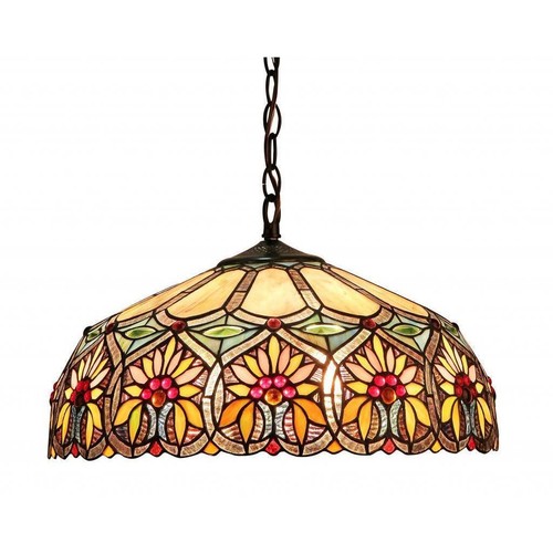Floral Design Dark Bronze Pendant Tiffany Style Stained Glass Ceiling Light - Picture 2 of 4