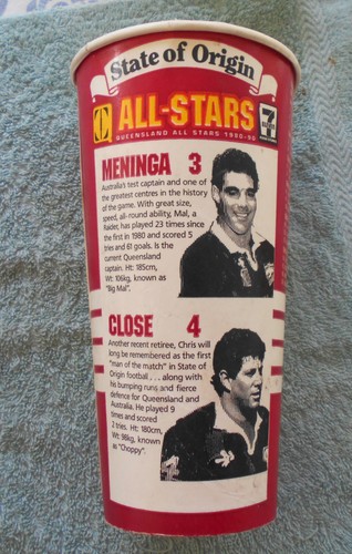 #G.  1990  RUGBY LEAGUE  WAX CARDBOARD  CUP - MAL MENINGA, QUEENSLAND ORIGIN - Picture 2 of 4