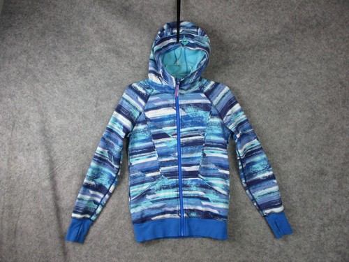 Luluelmon Ivivva Hooded Jacket Girl 14 Blue Striped Full Zip  Thumbholes Logo - Picture 1 of 17