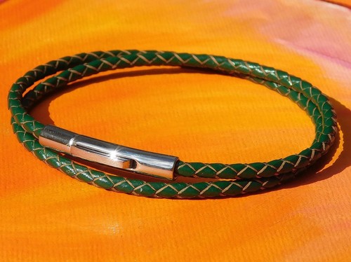 Mens / ladies 3mm Green leather & stainless steel bracelet by Lyme Bay Art - 第 1/3 張圖片