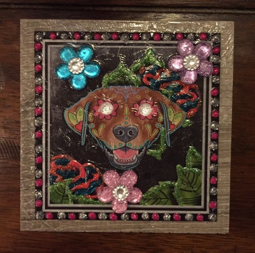 Chocolate Labrador Dog Sugar Skull Altered Art Synthetic Wood 4”X4” Tile Nice - Picture 2 of 6