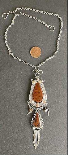 Peruvian Mahogany Obsidian Semi-precious Stone Medallion Necklace Alpaca Silver - Picture 3 of 10