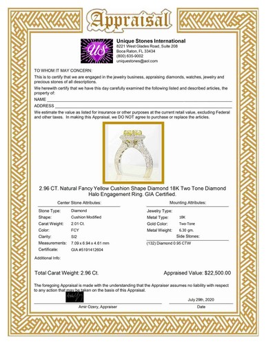 2.96CT.Natural Fancy Yellow Cushion Diamond 18KG Diamond Halo Ring. GIA Cert. - Picture 5 of 5