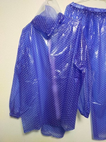 Soft bluish purple PVC vinyl rainsuit translucent hooded jacket pants raincoat - Picture 2 of 16