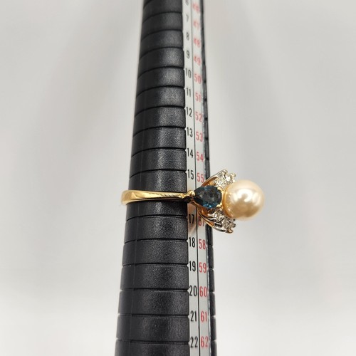 Pearl Blue Marquise Stone Halo Cocktail Ring Gold Tone Size 8 Elegant Statement - Picture 2 of 4