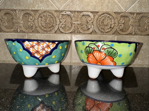 Lot of 2 Talavera Bowls Set Salsa Molcajetes Kitchen Mexican Pottery Folk Art - Picture 2 of 7