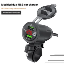 12V 2 USB Motorcycle Handlebar QC 3.0 Charger Socket Voltmeter w/ Switch&Mount