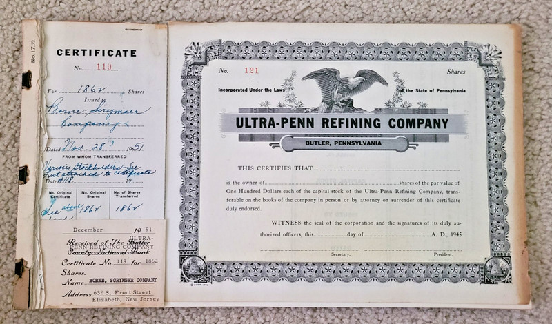 1945 ULTRA PENN REFINING COMPANY of PENNSYLVANIA STOCK CERTIFICATES 63 in BOOK