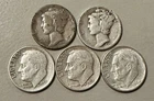Lot of 5 Silver Dimes - Mercury and Roosevelt Dimes - Free Ship