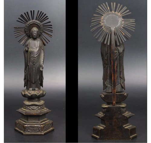Antica statua giapponese BUDDHA Amitabha AMIDA NYORAI bronzo XIX secolo EDO 9,3 pollici - Foto 3 di 18