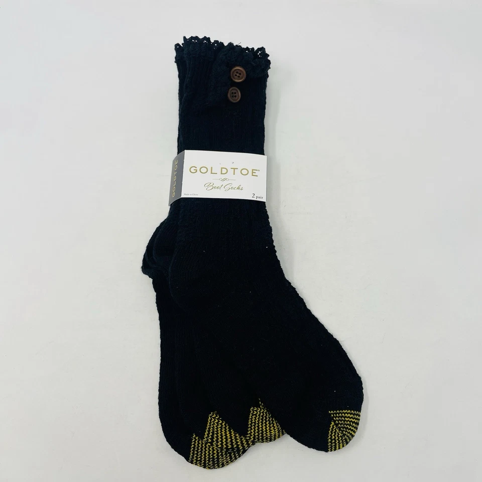 Gold Toe 女式鞋 6-9 码 2 件装褶皱电缆纽扣船袜黑色 802 — 第 2/4 张图片