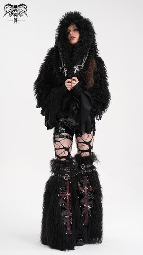 Devil Fashion Damen Schwarz Gothic Punk Winter Kunstfell Kurz Kapuze Jacke Mantel - Bild 10 von 28