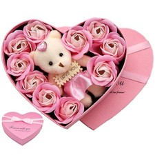 10 PCS Preserved Rose Cute Bear Birthday Gifts for Women,Artificial Red Pink