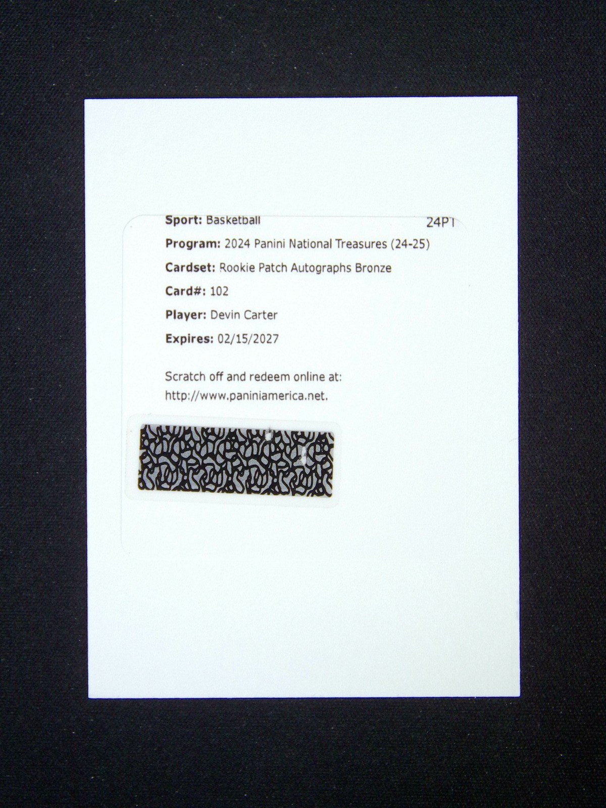 2024-25 National Treasures Devin Carter #102 RC Auto Patch Bronze /49 RPA