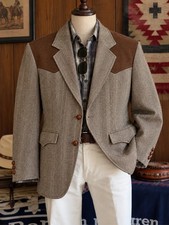 Vtg Pioneer Wear Western Blazer Herringbone Brown Yoke Leather Buttons 42L 44R