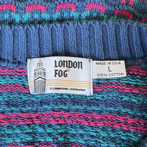 Vintage London Fog Sweater Mens Large Teal V-Neck Pullover Textured USA Cotton - Picture 5 of 5