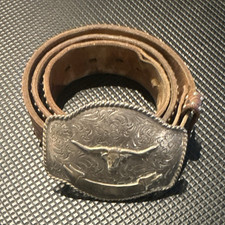 Men's Brown Tooled Western Belt Size 32-34Bull/Longhorn Silver Buckle Studded