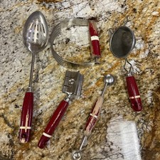 Vintage Lot of A J and Ekco Red  White Wood Handle Kitchen Utensils Farmhouse