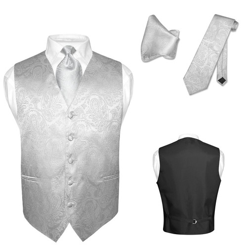Men's Dress VEST NeckTie for Suit SILVER GRAY Grey PAISLEY Design Tie Hanky Set - Picture 1 of 3